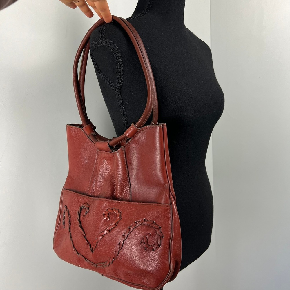 Vtg Brown Leather Whipstitch Boho Shoulder Bag Handbag Artisinal 70s Western